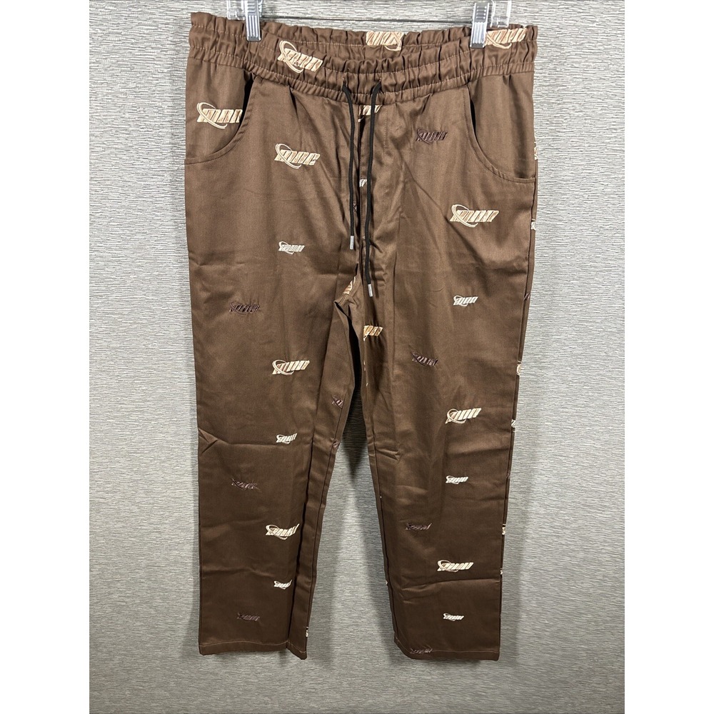 Boohoo Man Relaxed Fit Brown Chocolate Trousers. All Over Embroidery Sz 26 NEW